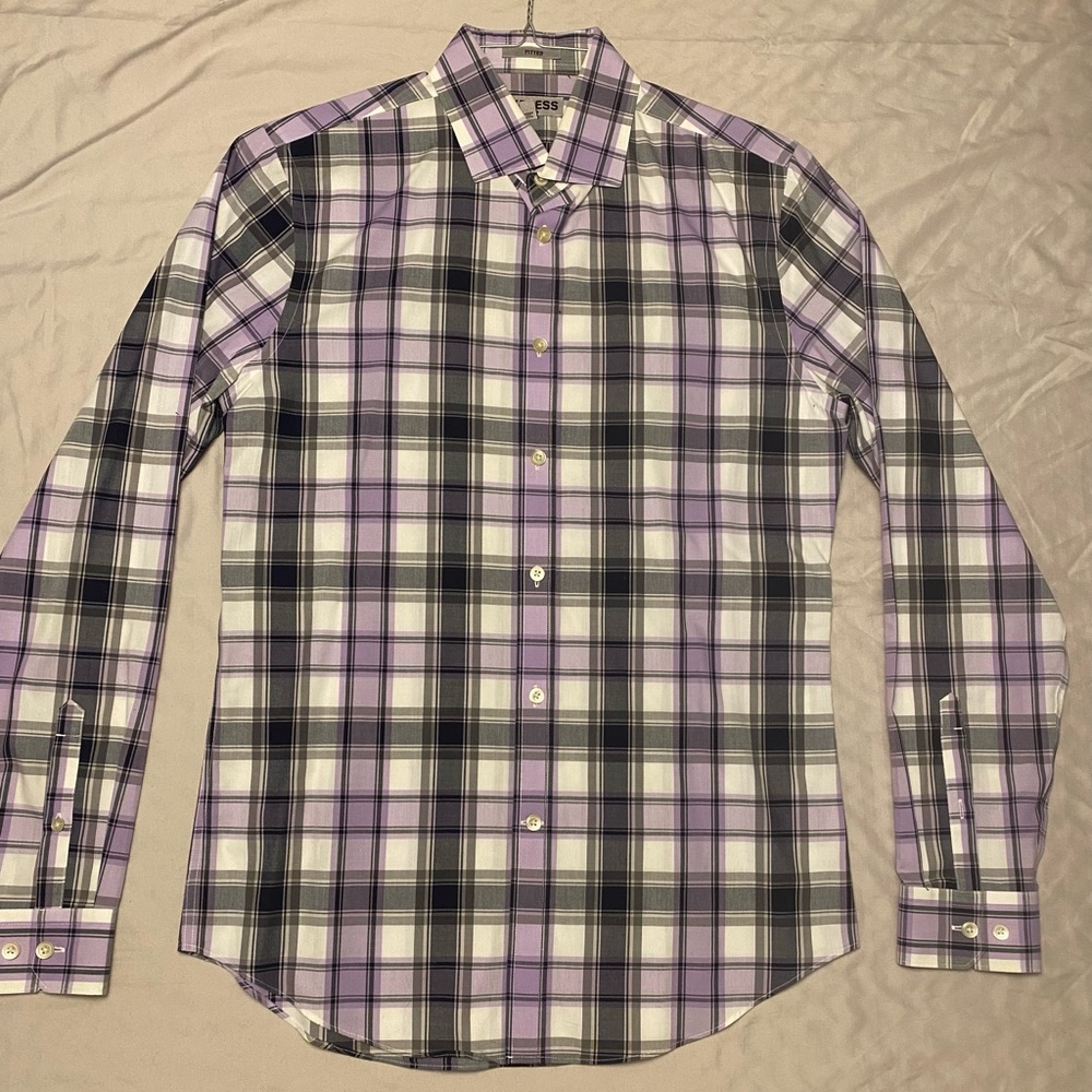 Express Men’s Button-Down, Size S, Fitted, Navy/Lavendar/White Plaid
